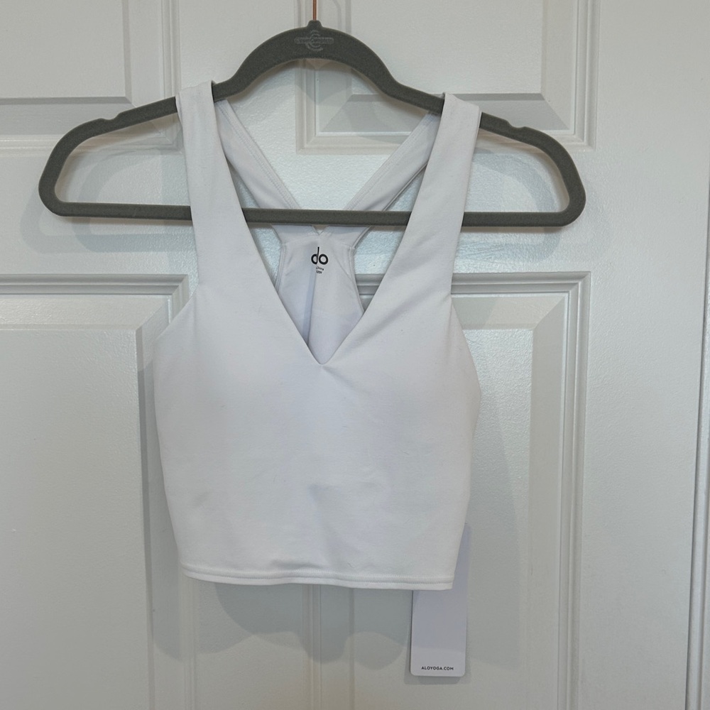 NWT ALO Yoga White Real Bra Tank Top Cropped V-Neck Sports Top